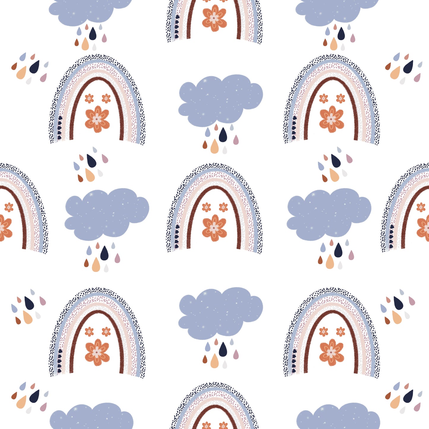Pattern of rainbows and clouds on a white background