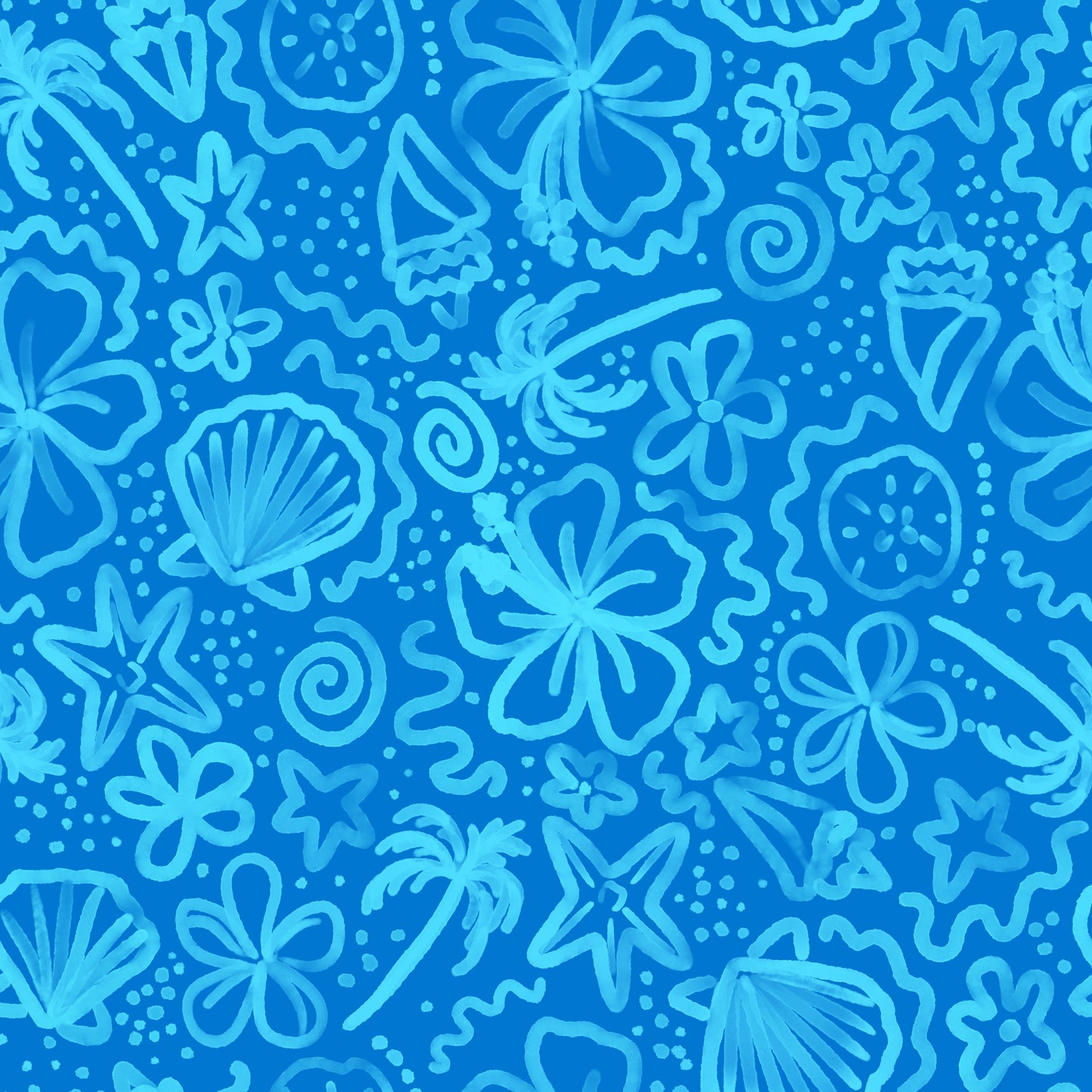Blue pattern with floral and shell designs on a blue background