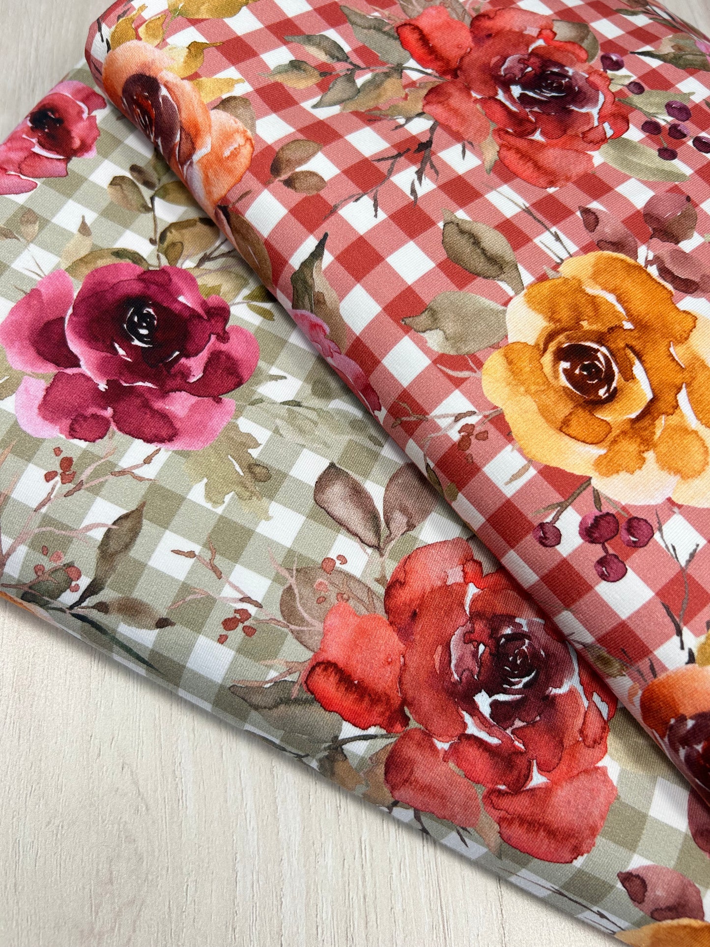 Gingham Floral Sage - Cotton Lycra Fabric