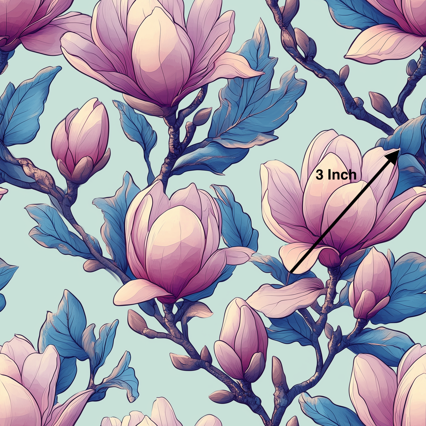 Pink Closed Magnolia on Blue (May Pre-Order) - Fabric