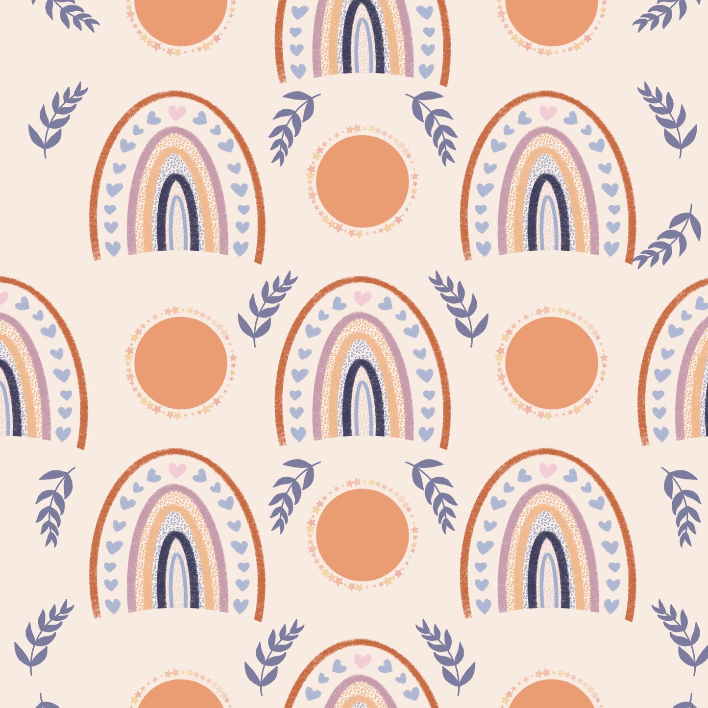 Pattern of rainbows, circles, and leaves on a beige background