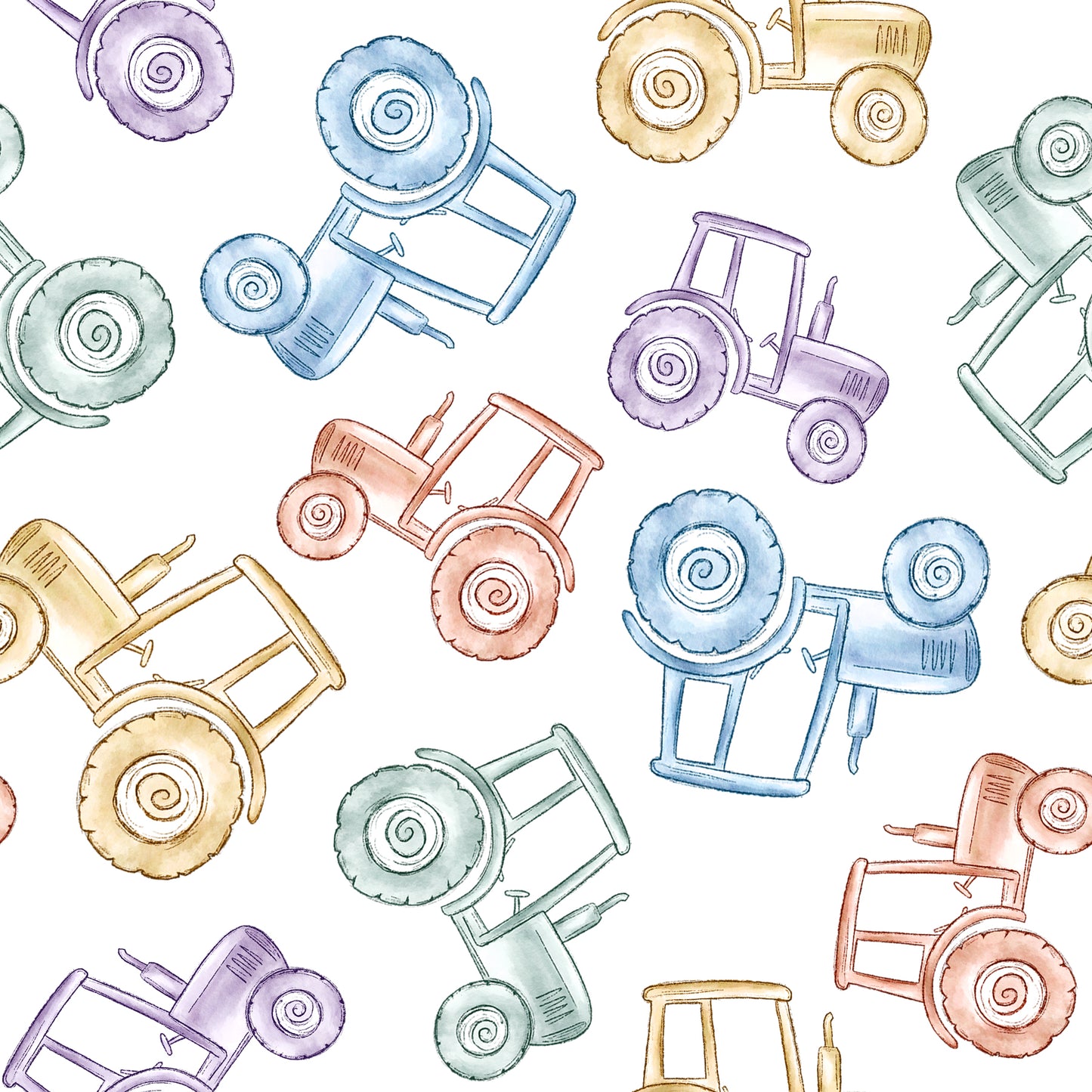 Pattern of colorful tractors on a white background