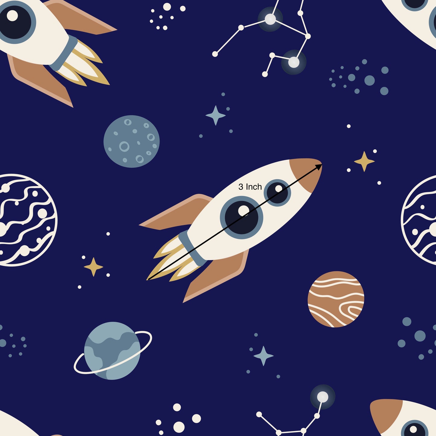 Dark Blue Rockets in Space (March Pre-Order) - Fabric