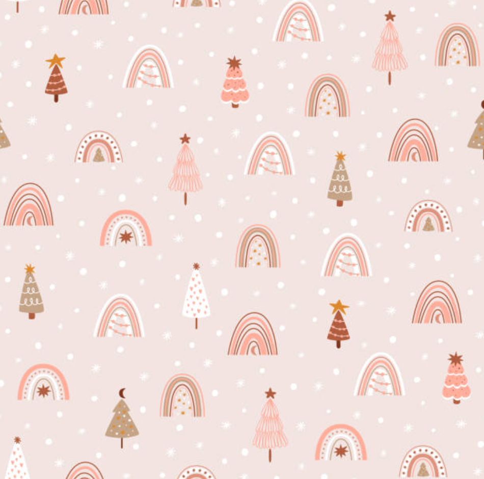 Pink Christmas Trees and Rainbows 1.5 Inch REMNANT 73cm - 100% Cotton Woven Fabric