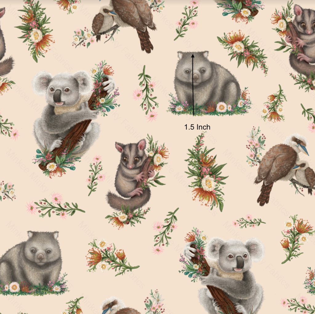 Aussie Animals On Soft Peach (Woodland Pre-Order) Cotton Sateen / 1.5 Inches Digital Fabric Preorder