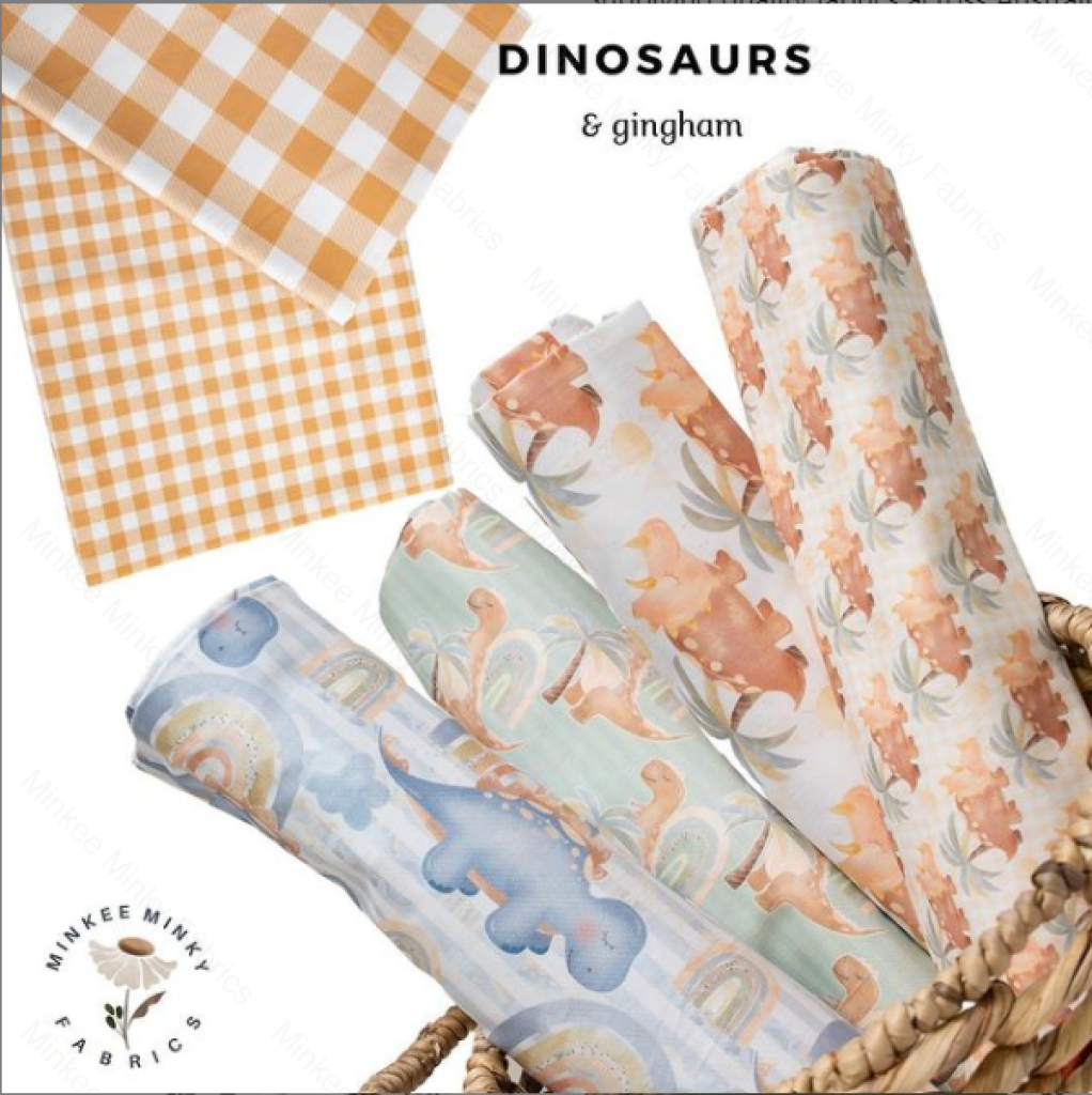 Gingham Dinosaur Blue (January Pre-Order) - Fabric Digital Preorder