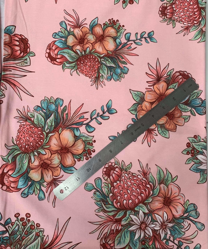 Waratah On Pink - Retail Cotton Lycra 7 Inch Digital Fabric Retail