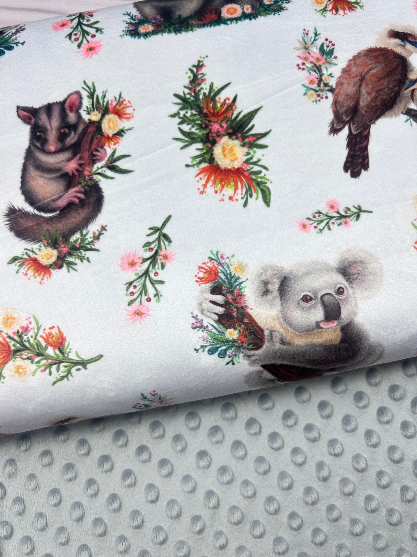 Aussie Animals on White - Minky Fabric