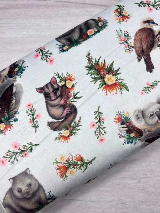 Aussie Animals on White - Minky Fabric