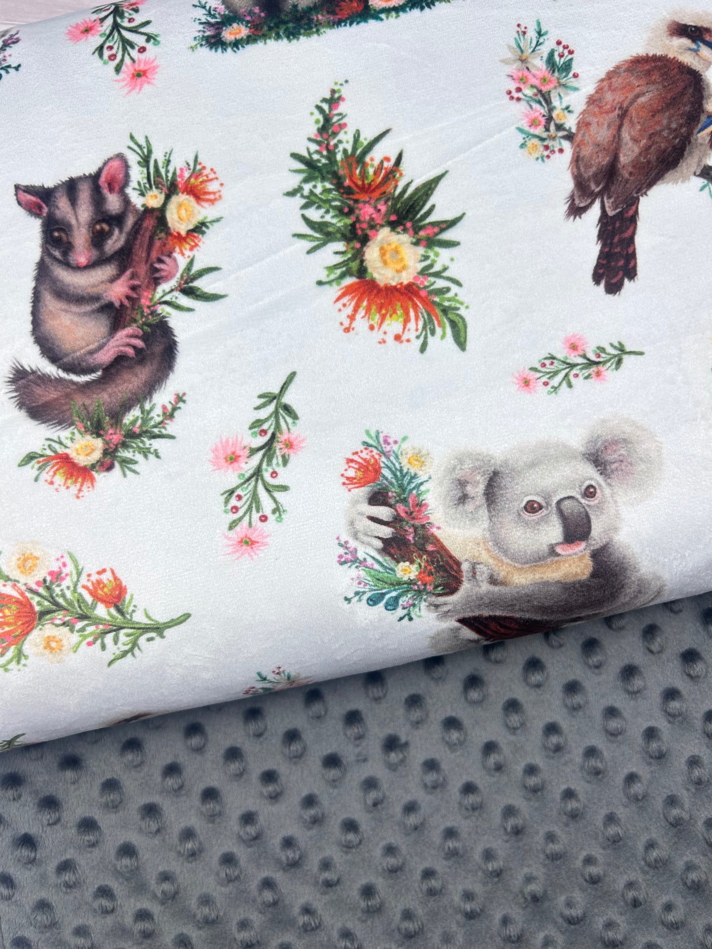 Aussie Animals on White - Minky Fabric
