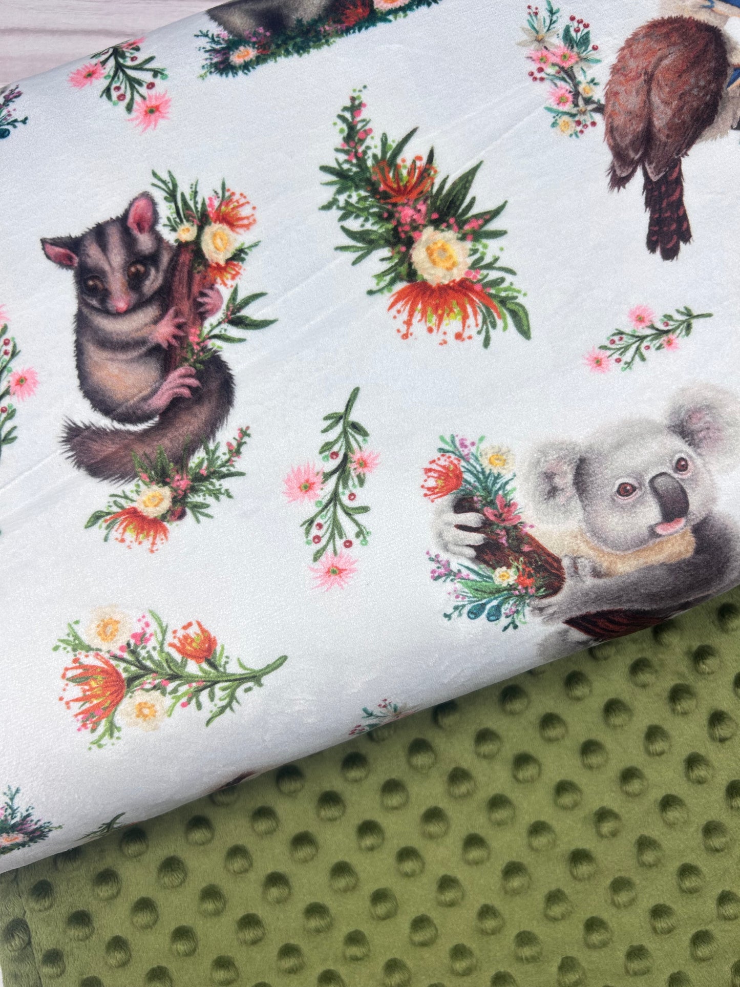 Aussie Animals on White - Minky Fabric