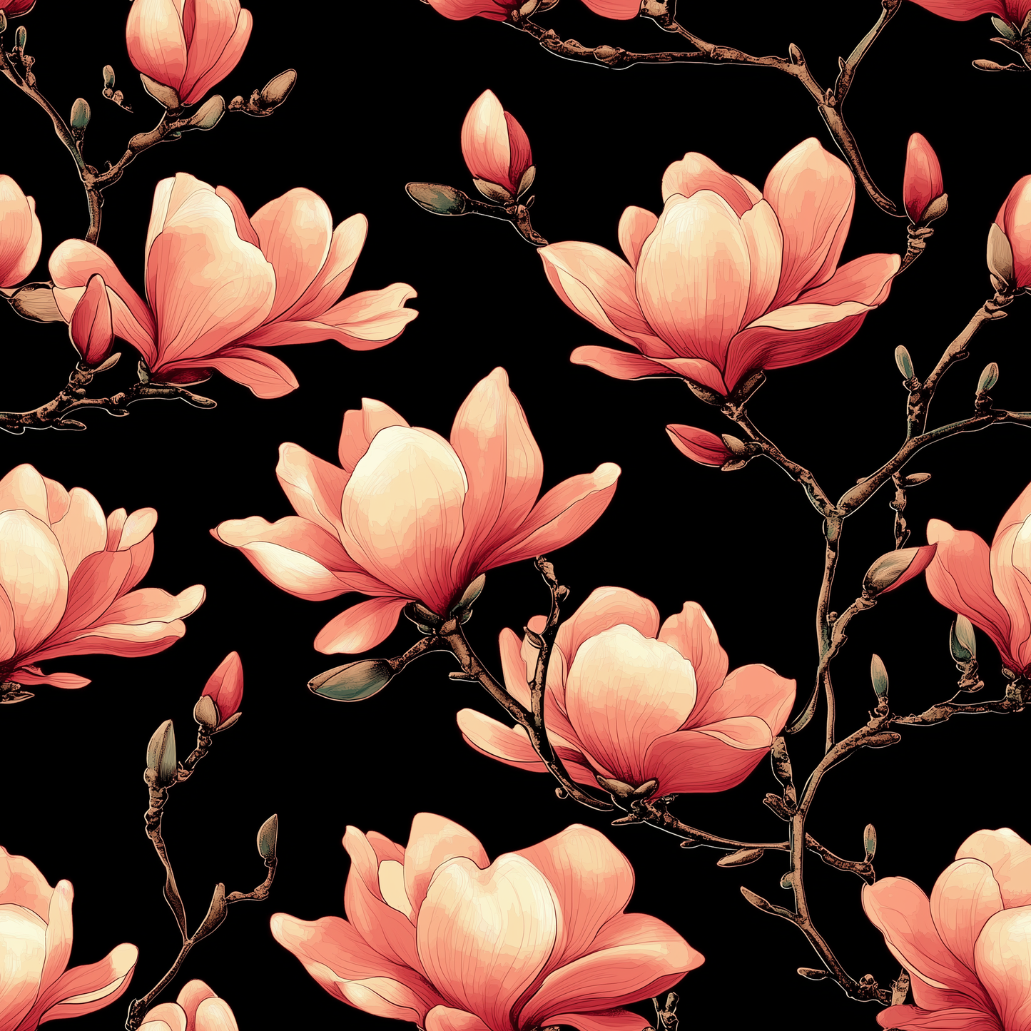Peach Magnolia on Black (July Pre-Order) - Fabric