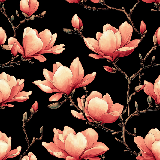 Peach Magnolia on Black (June Pre-Order) - Fabric