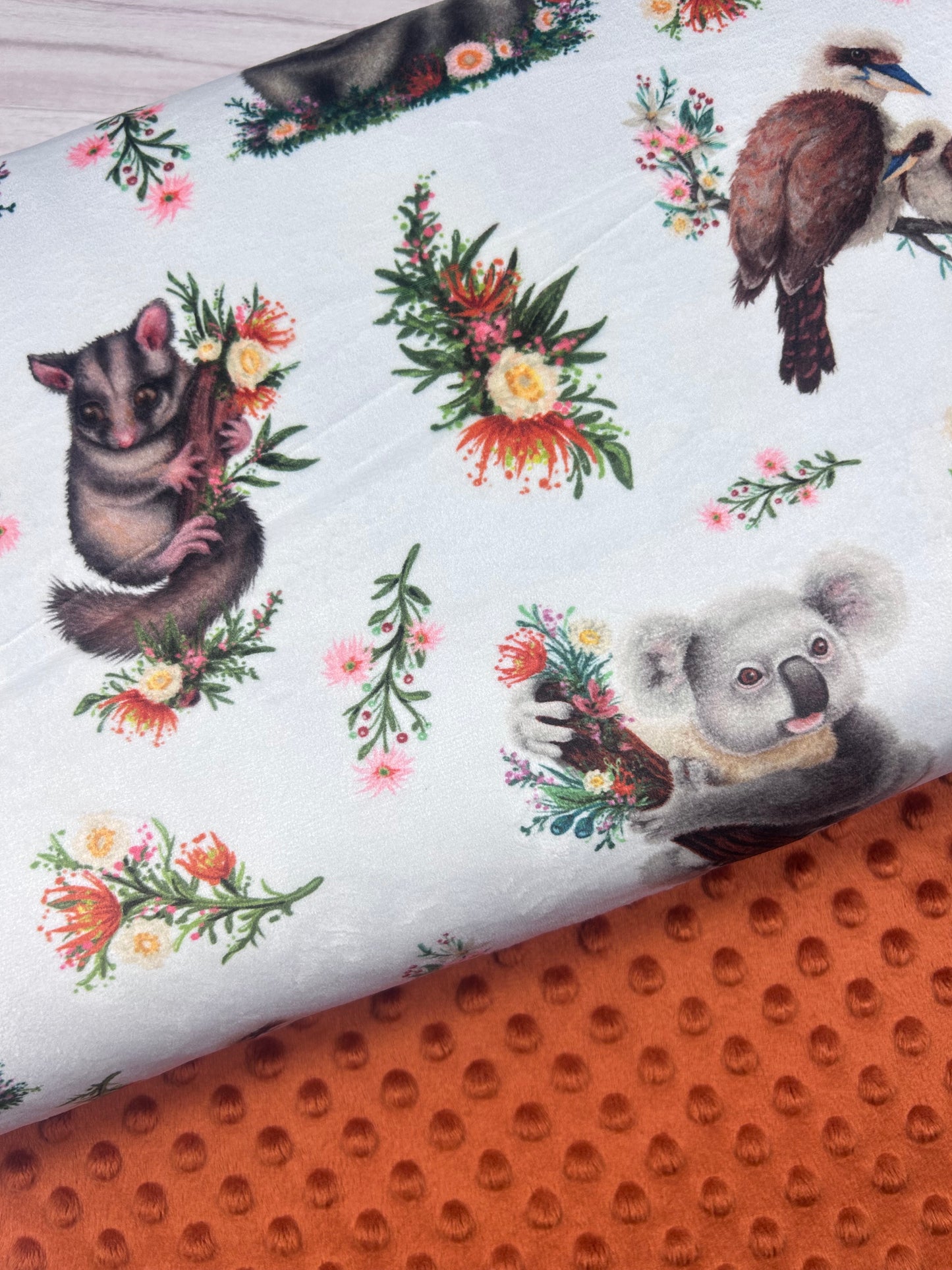 Aussie Animals on White - Minky Fabric