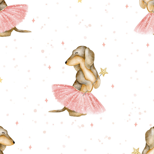 Illustration of a dog in a pink tutu with a white background and decorative elements.