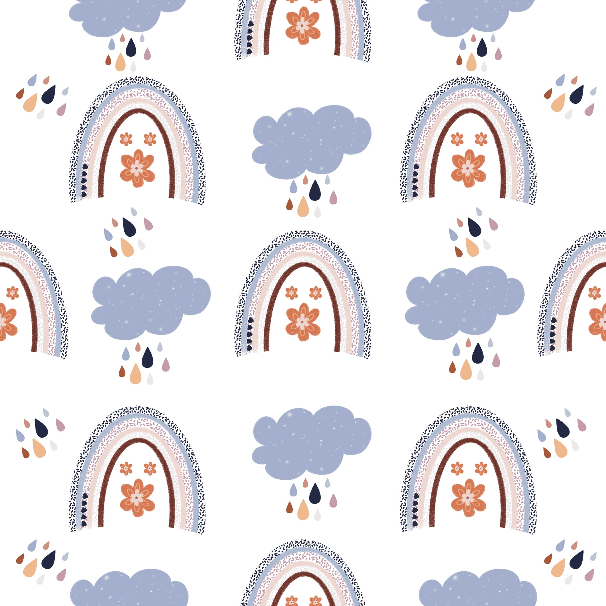 Pattern of rainbows and clouds on a white background
