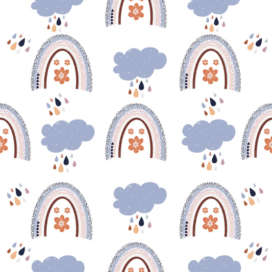 Pattern of rainbows and clouds on a white background