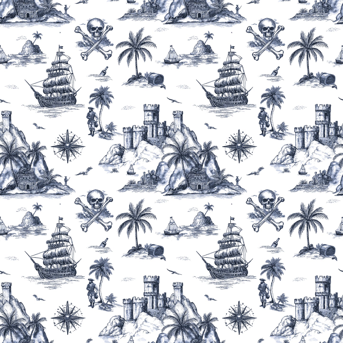 Pattern of ships, castles, palm trees, and skulls on a blue and white background