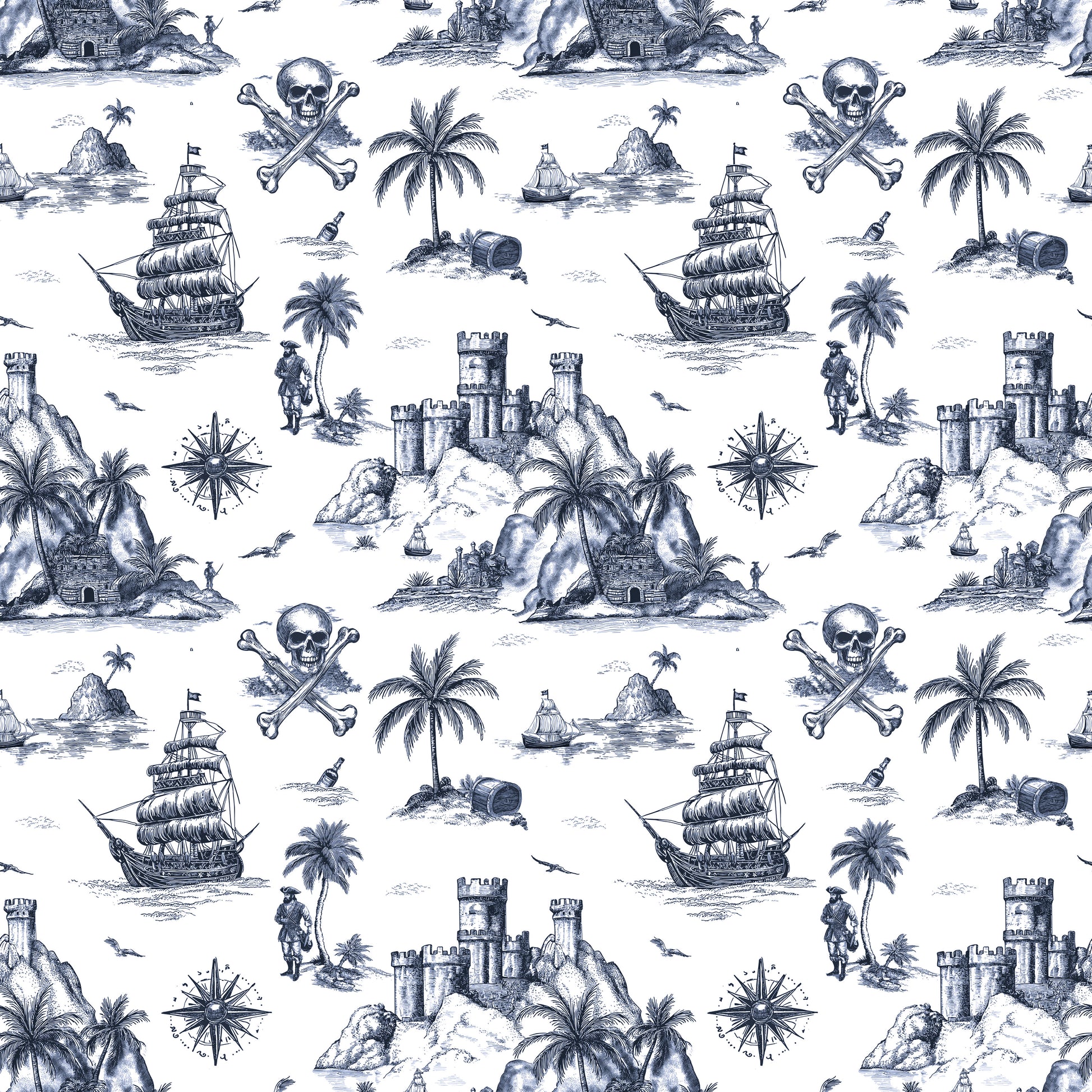 Pattern of ships, castles, palm trees, and skulls on a blue and white background