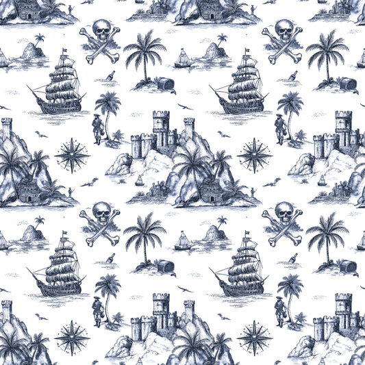 Pattern of ships, castles, palm trees, and skulls on a blue and white background