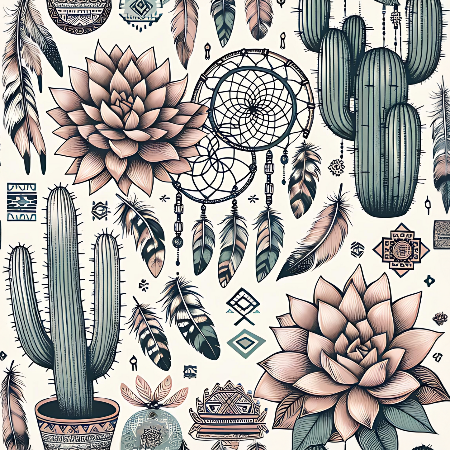 Pattern of cacti, succulents, feathers, and dreamcatchers on a light background