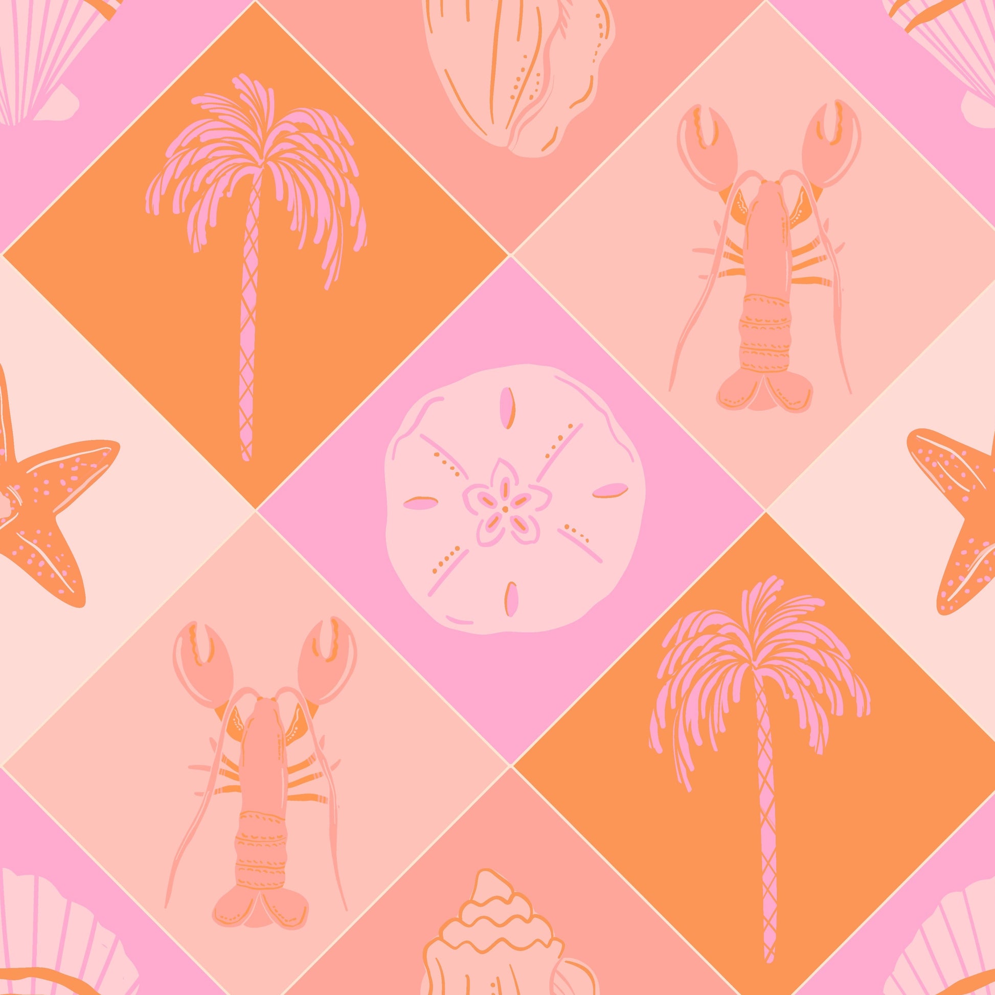 Pattern of palm trees, lobsters, sand dollars, and starfish on a pink and orange background.