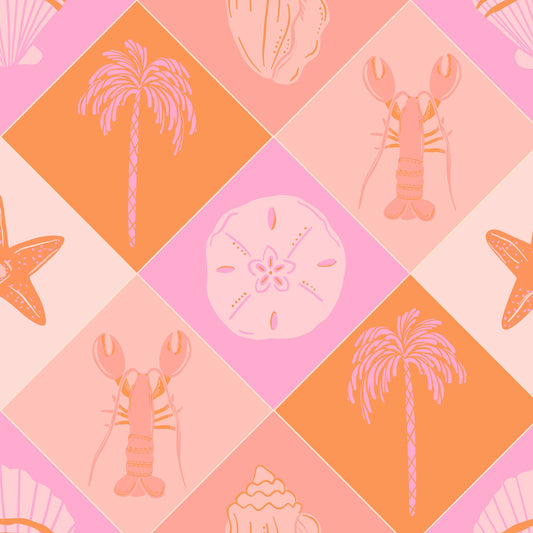 Pattern of palm trees, lobsters, sand dollars, and starfish on a pink and orange background.