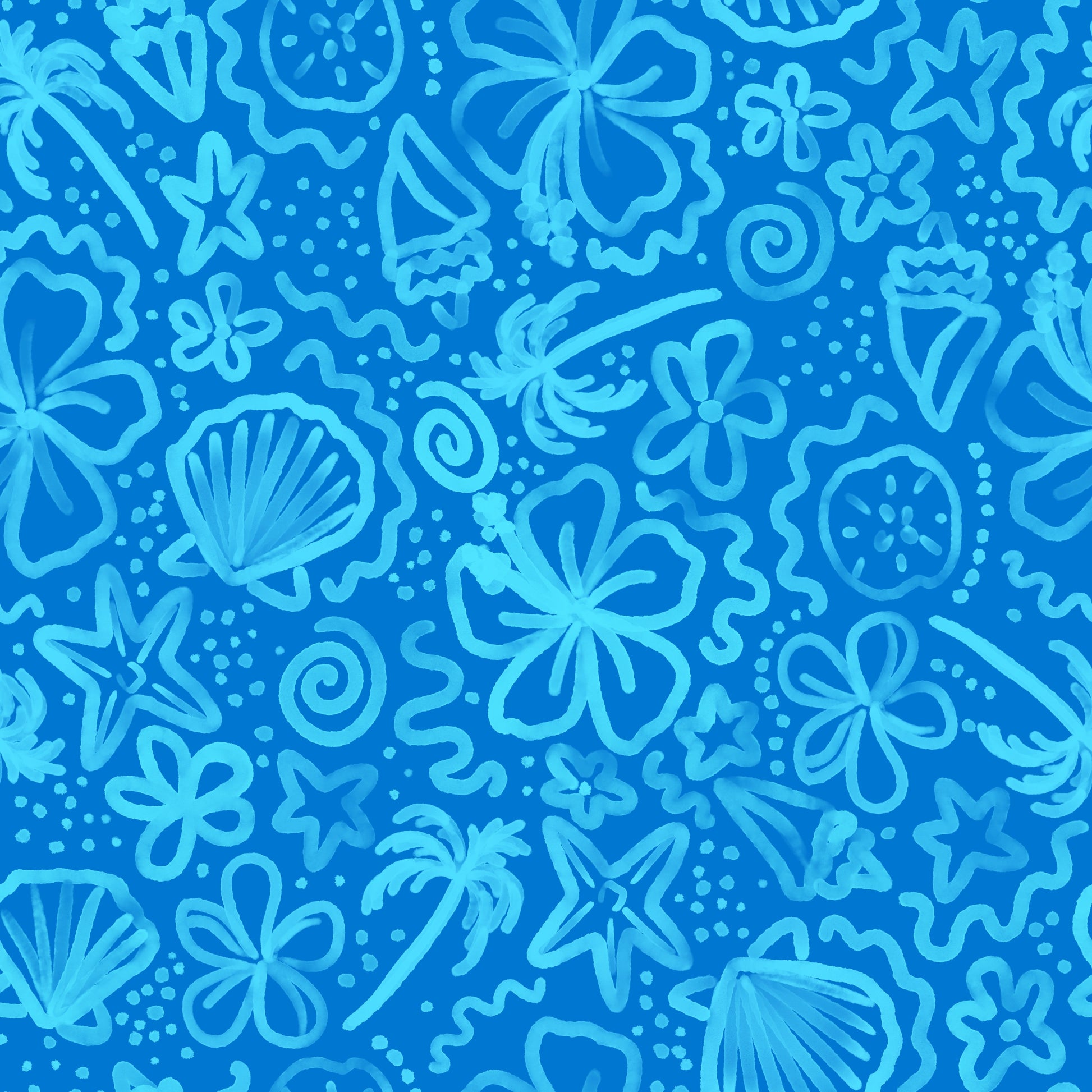 Blue pattern with floral and shell designs on a blue background