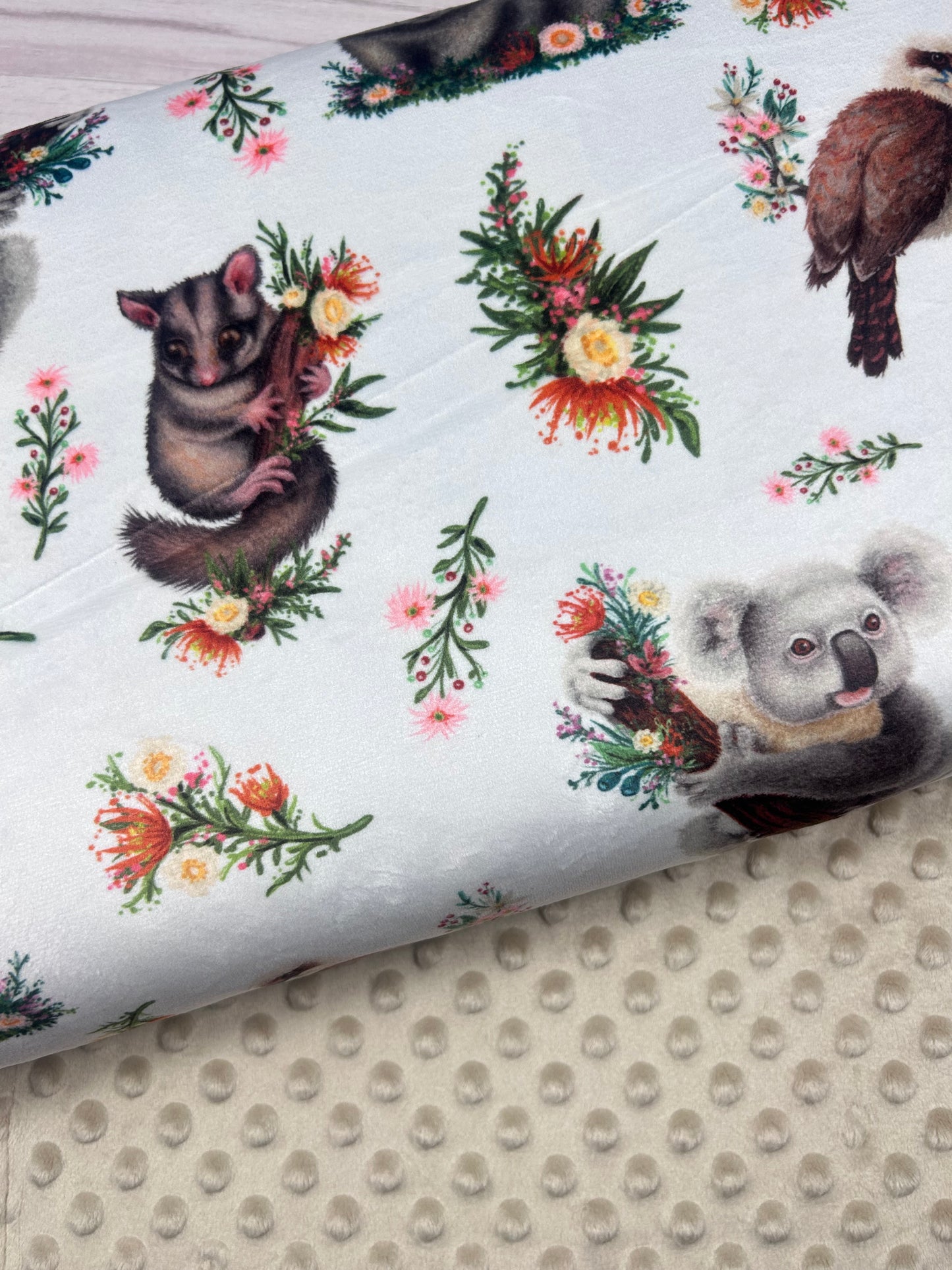 Aussie Animals on White - Minky Fabric