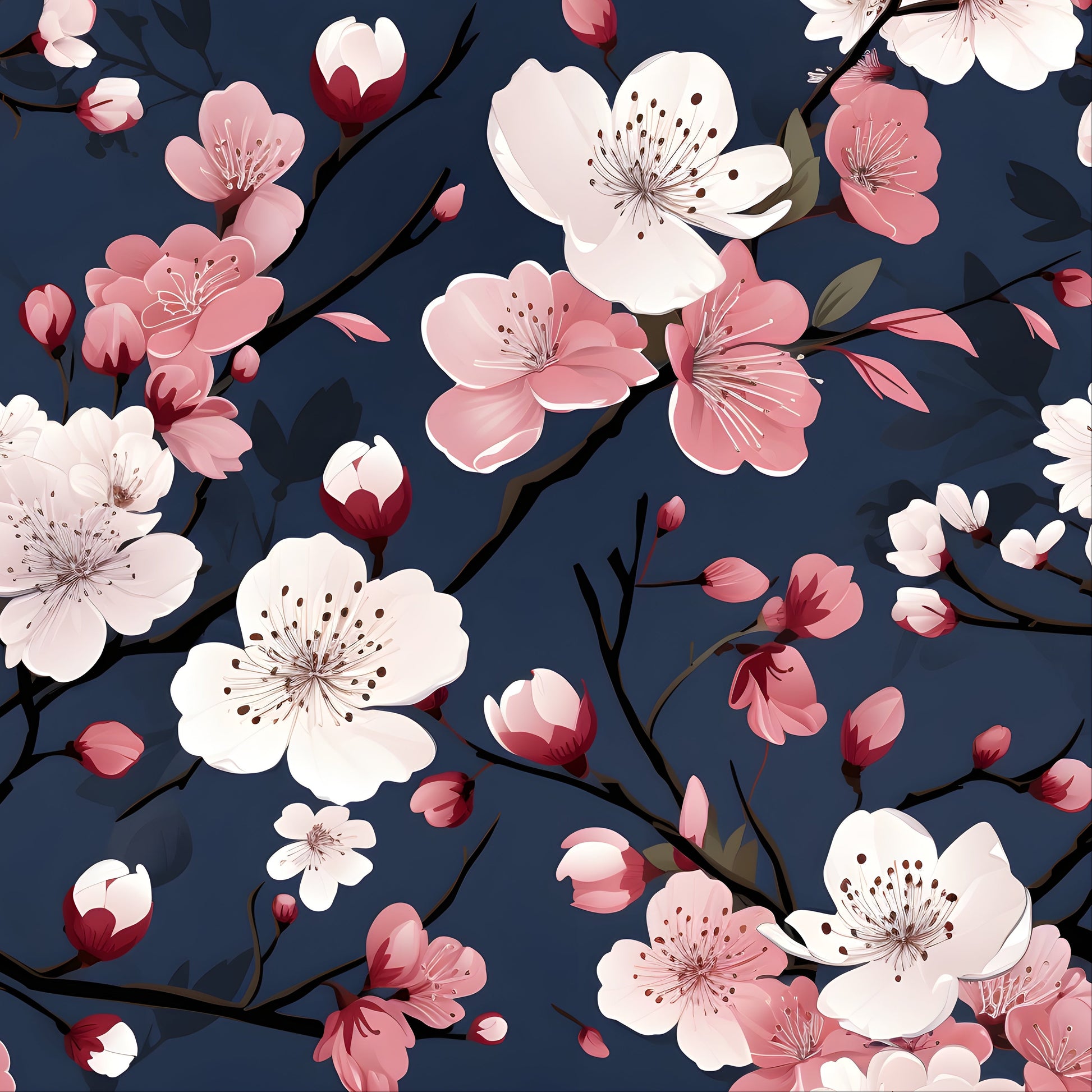 Cherry blossom pattern with pink and white flowers on a dark blue background