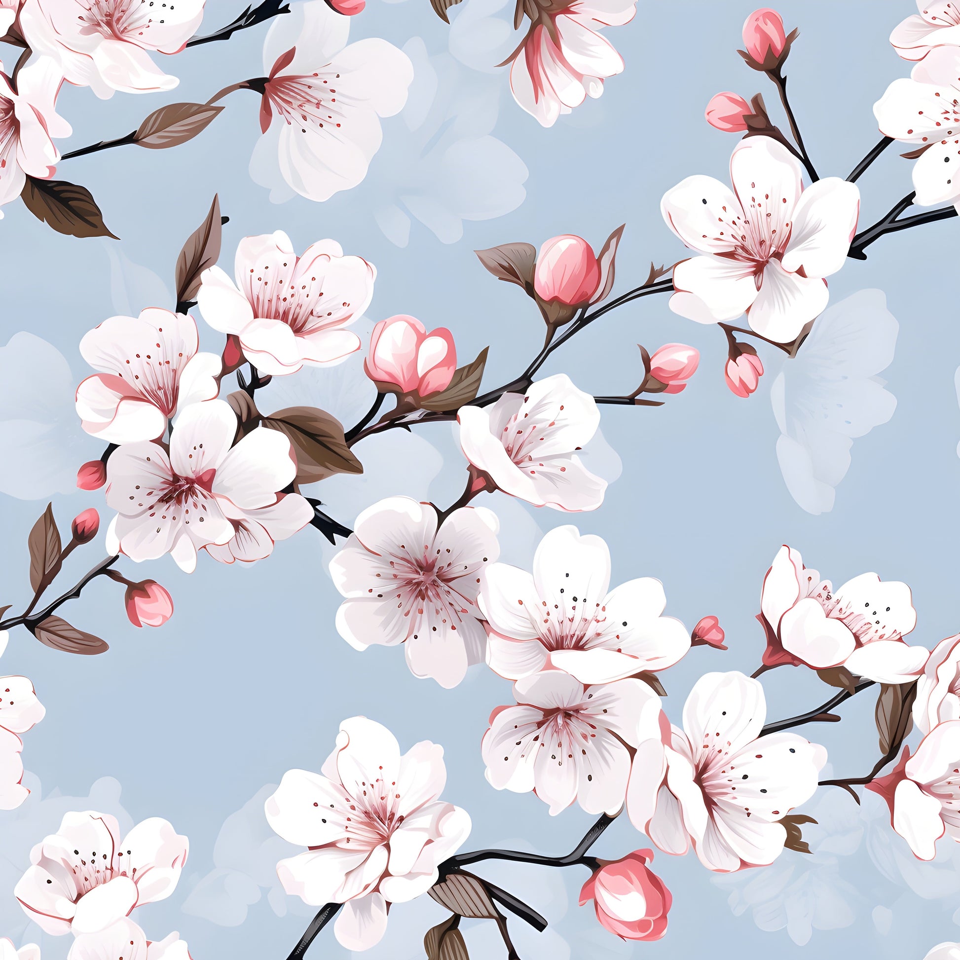 Cherry blossom pattern with pink and white flowers on a light blue background
