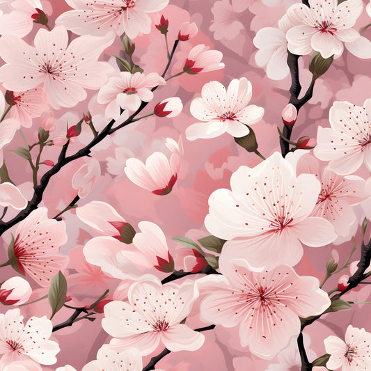 Cherry blossom pattern with pink and white flowers on a pink background
