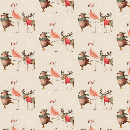 Christmas Flamingo & Friends - Oatmeal (June Pre-Order) - Fabric
