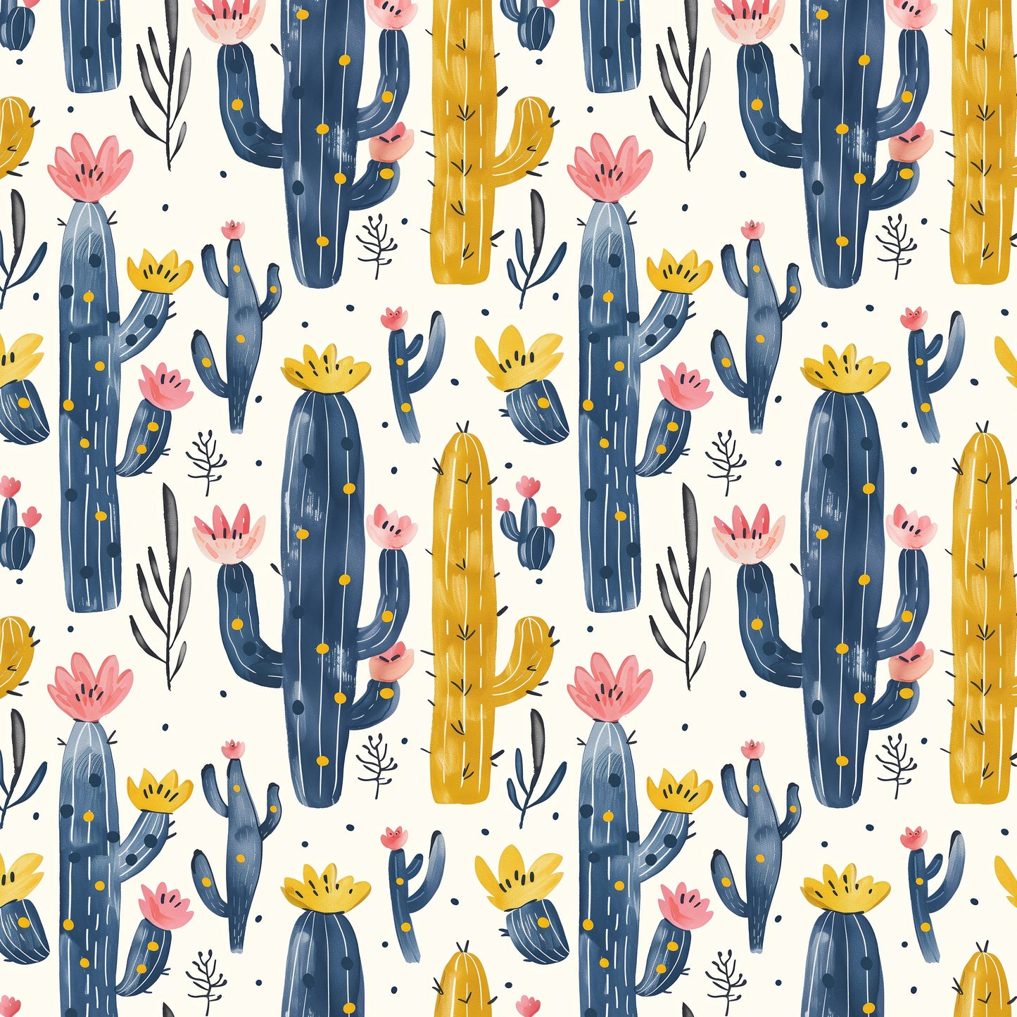 Pattern of colorful cacti and flowers on a white background