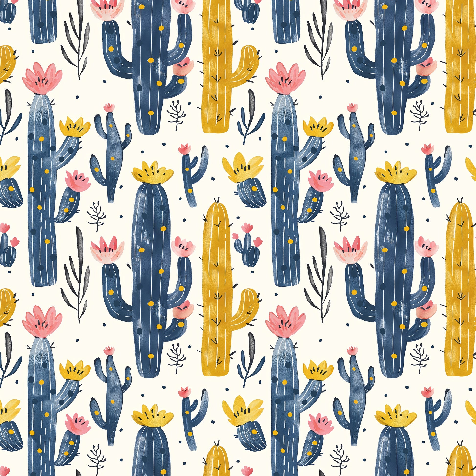 Pattern of colorful cacti and flowers on a white background