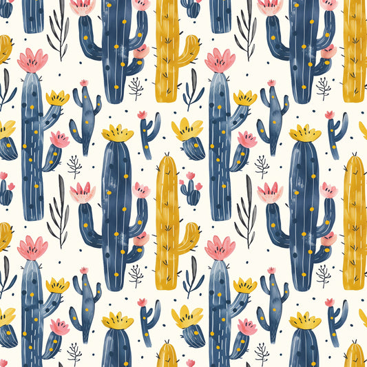 Pattern of colorful cacti and flowers on a white background