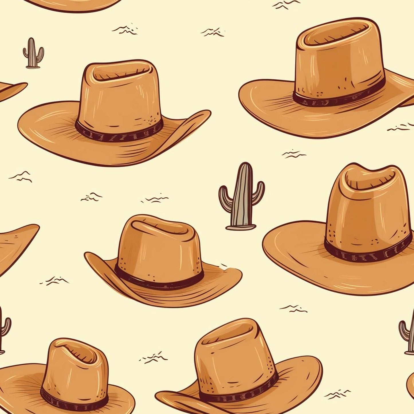 Pattern of brown cowboy hats and cacti on a beige background