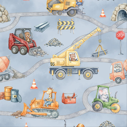 Children's illustration of construction vehicles and animals on a road with a blue background.