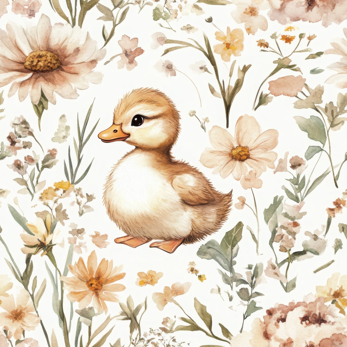 Illustration of a duckling surrounded by flowers and foliage on a light background