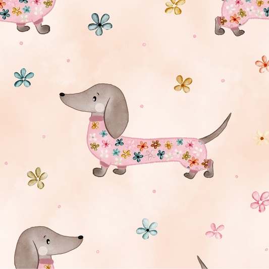 Delicate Daschund on Peach (May Pre-Order) - Fabric