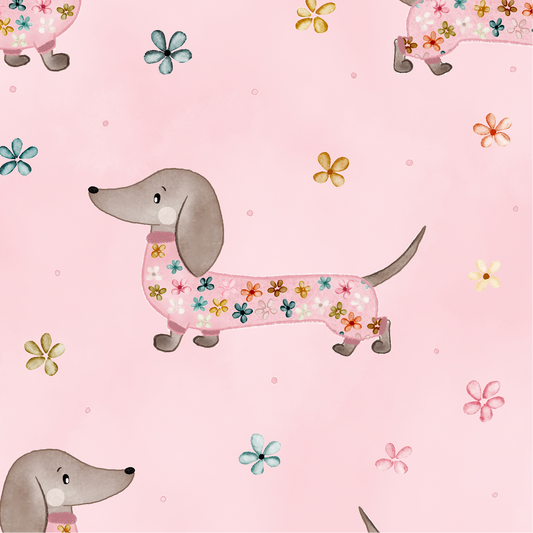 Delicate Daschund on Pink (May Pre-Order) - Fabric