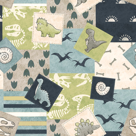 Patterned fabric with dinosaur and fossil designs in various colors.