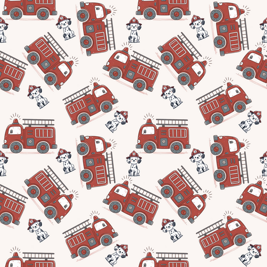 Pattern of red fire trucks and small dogs on a white background
