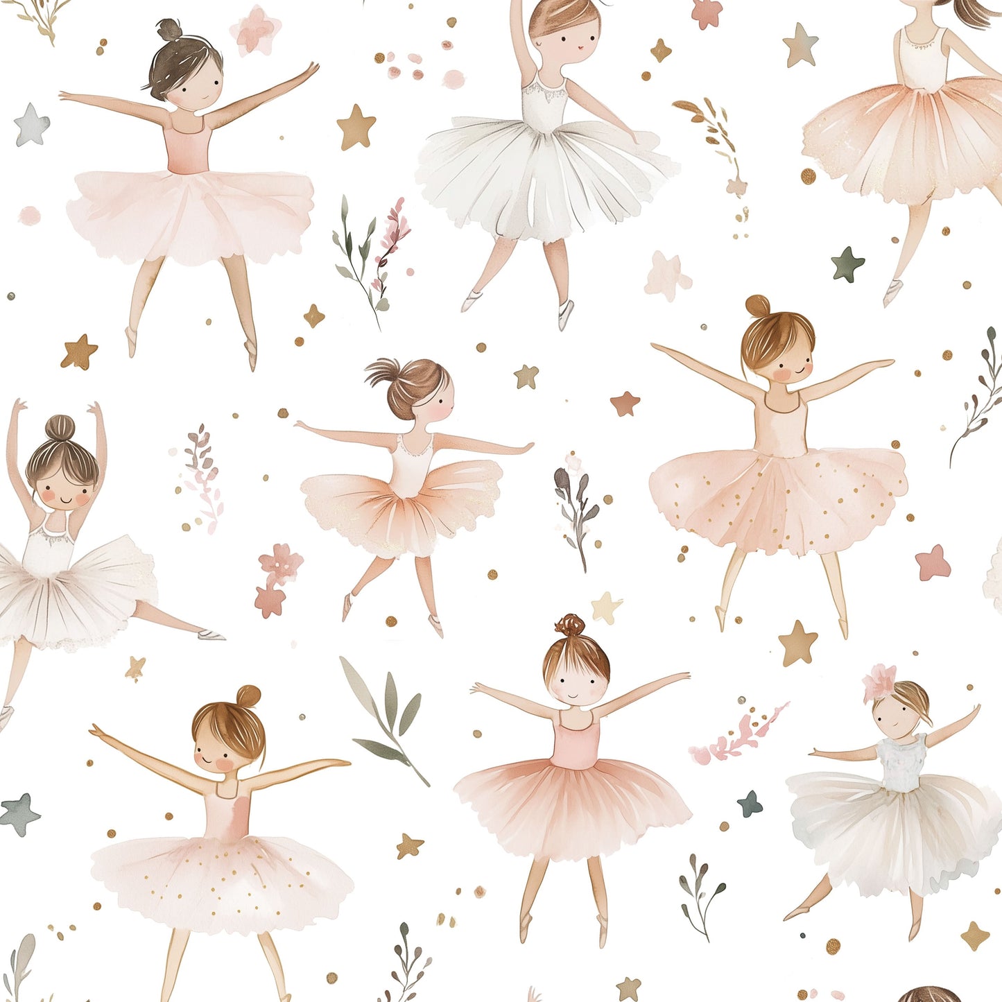 Pattern of ballerina illustrations with flowers and stars on a white background