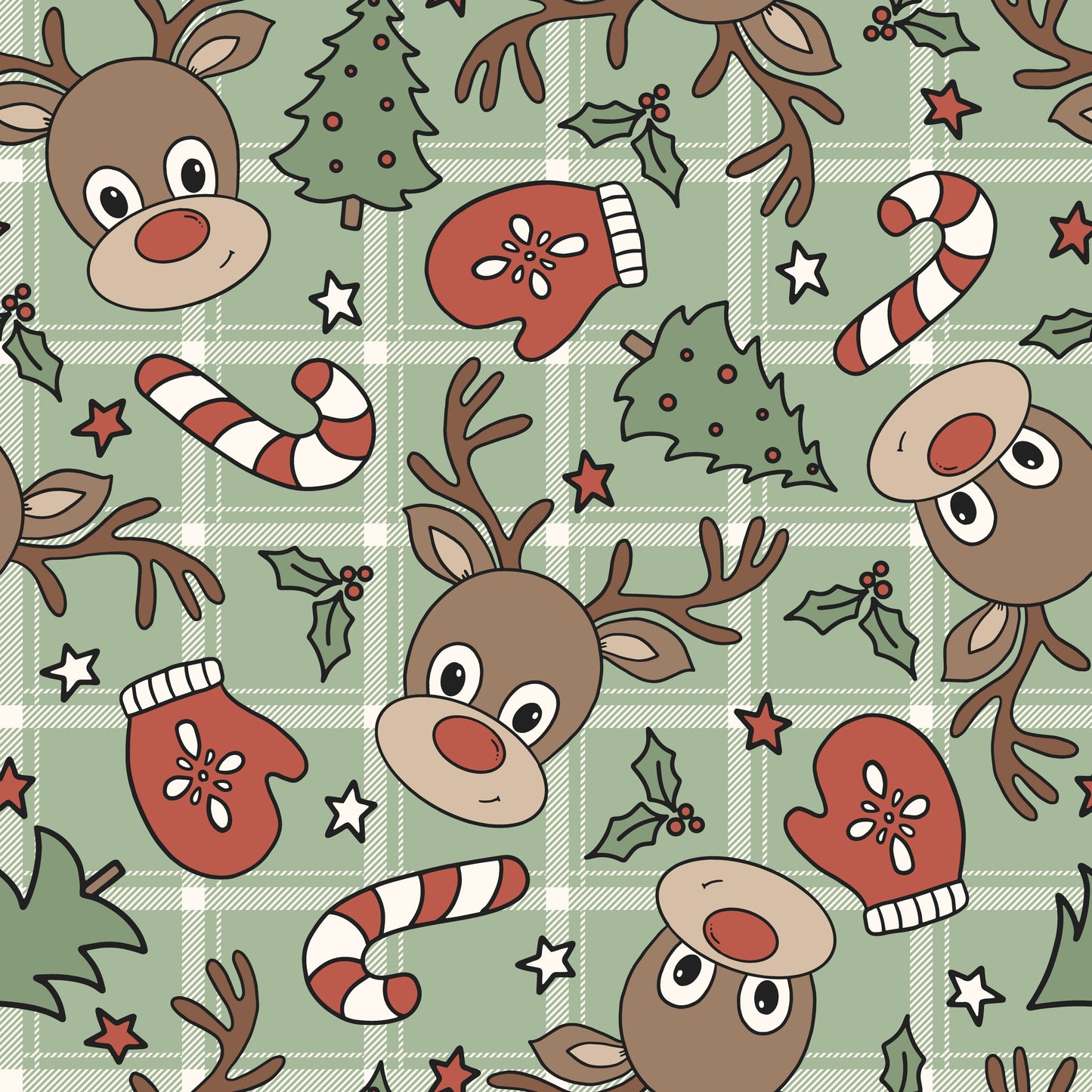 Green Plaid Reindeers (June Pre-Order) - Fabric
