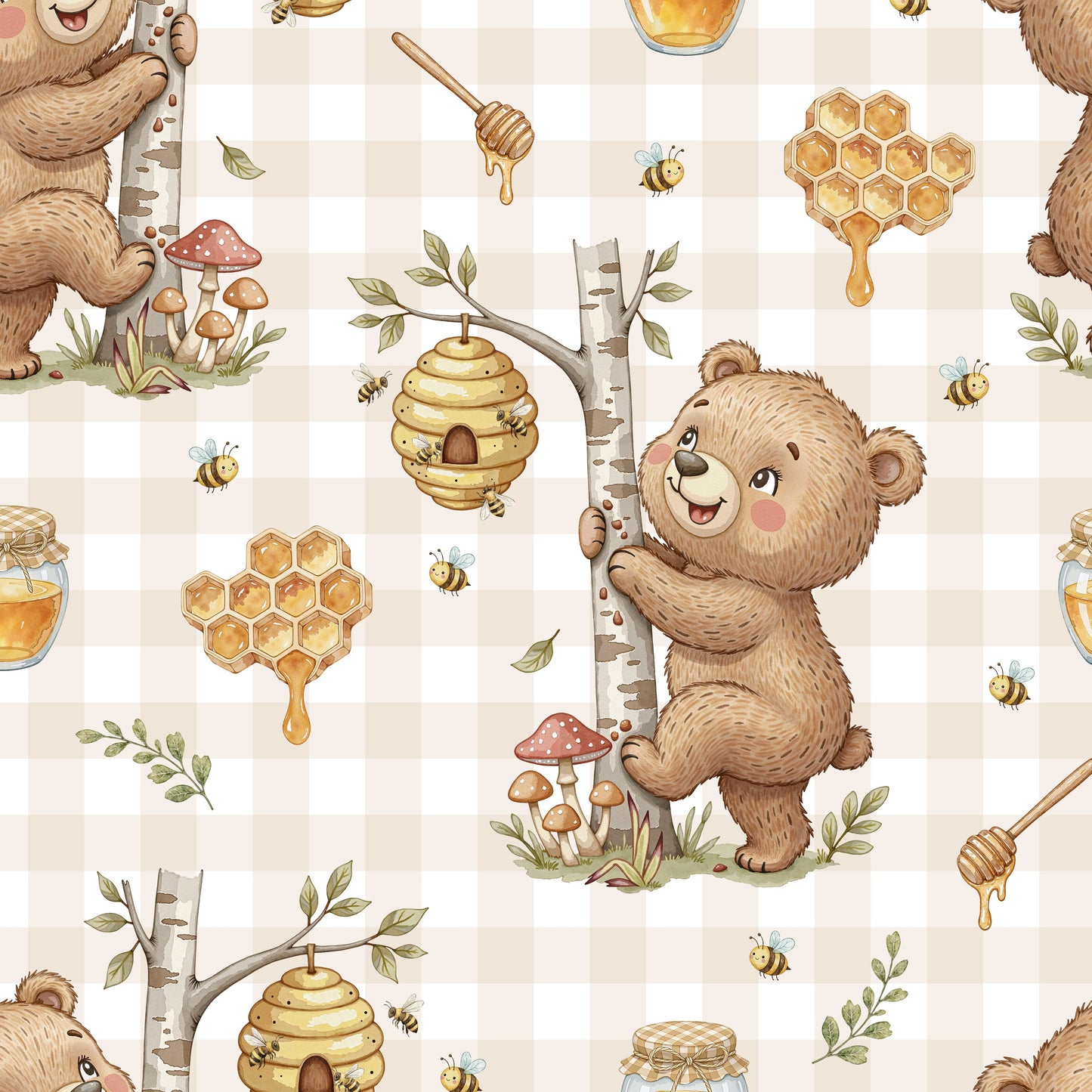 Pattern of bears, honey, beehives, and mushrooms on a checkered background