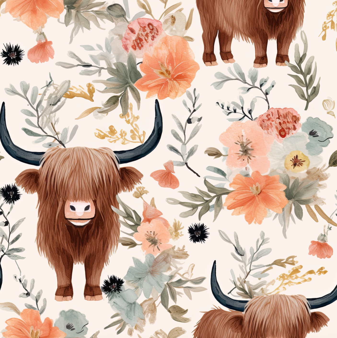 Highland Cows - Flora (September Pre-Order) - Fabric