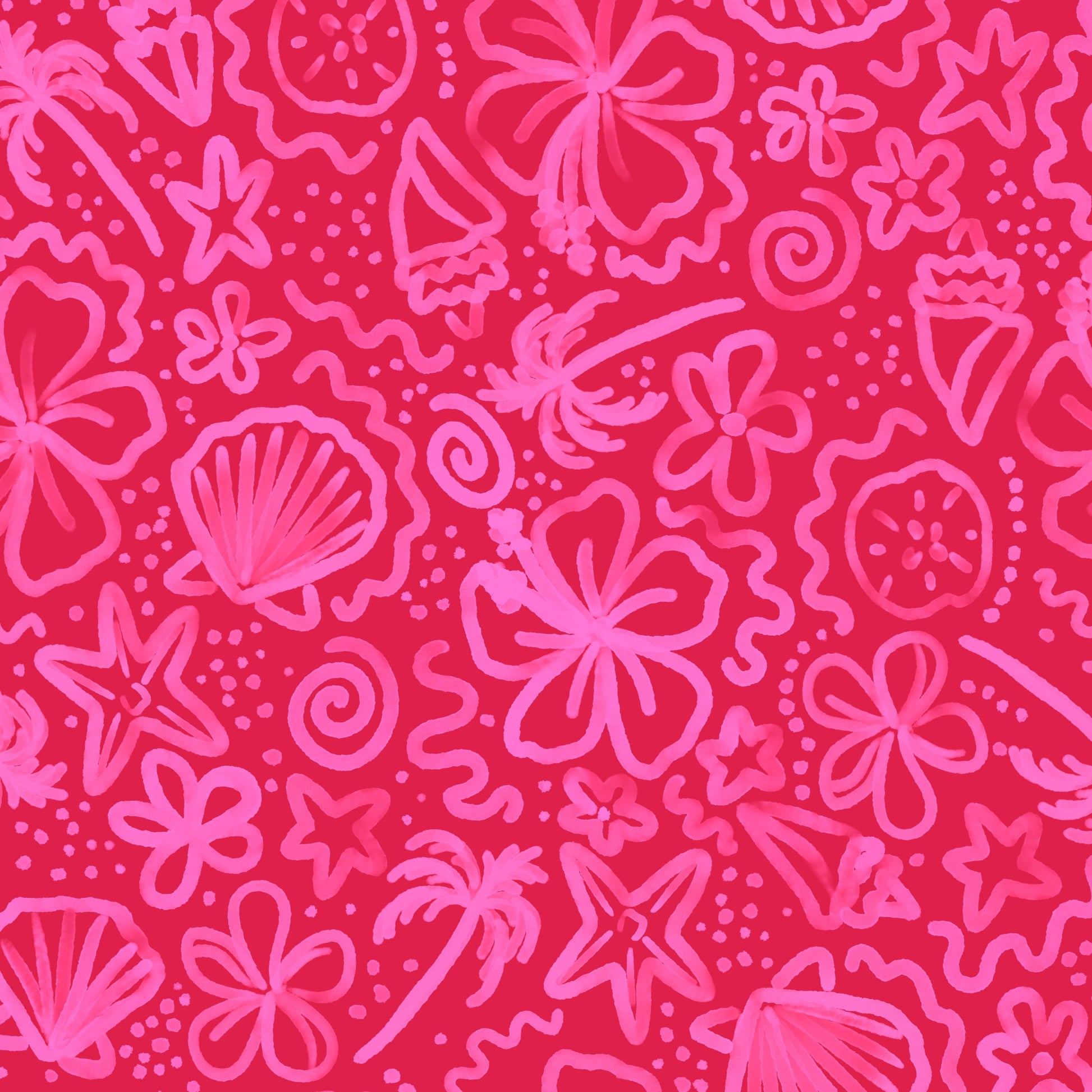 Pink sea-themed pattern on a red background