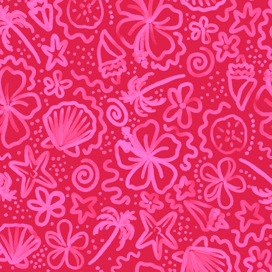 Pink sea-themed pattern on a red background