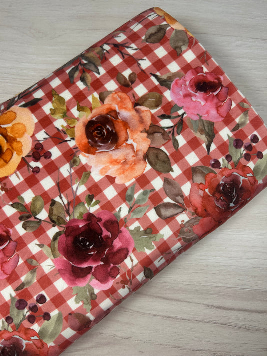 Gingham Floral Raspberry - Minky Fabric